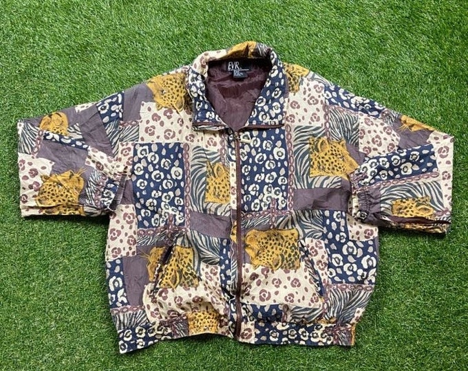 Vintage Cheetah Zip Up Jacket Size Xtra Large XL Animal Nature All Over Colorful Crazy