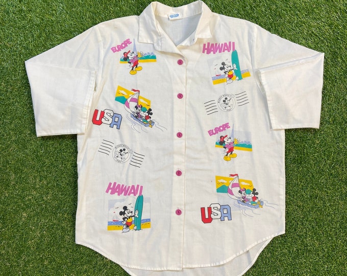 Vintage Mickey Mouse Button Down Made USA Size Medium M The Disney Store Orlando FL 1980s Walt Disney World Classic 80s Magic Kingdom