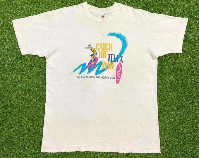 Vintage Catch the Telex Wave 1992 T Shirt Tee Fruit of the Loom Made USA Size Xtra Large XL Anaheim California Surfing Beach Waves