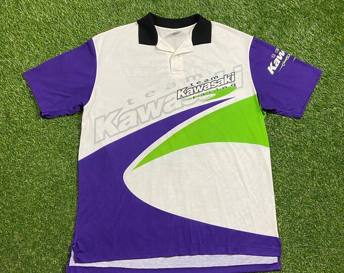 Vintage Kawasaki Racing Polo Shirt Swingster Made USA Size Xtra Large XL Harley Davidson HOG 3D Motorcycle Biker 1990s 90s