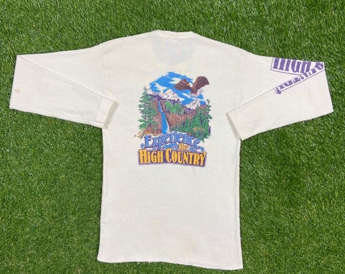 Vintage Experience High Country Long Sleeve Health Knit Made USA Size Medium M American Bald Eagle Animals Habitat All Over Print 1970s 70s