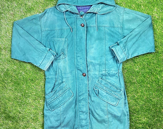 Vintage Andy Jones Hoodie Jacket Size Small 1990s 90s Rain Coat Warm Cozy Winter Comfy Hunting Hiking Long Coat Trench Denim Faded Color
