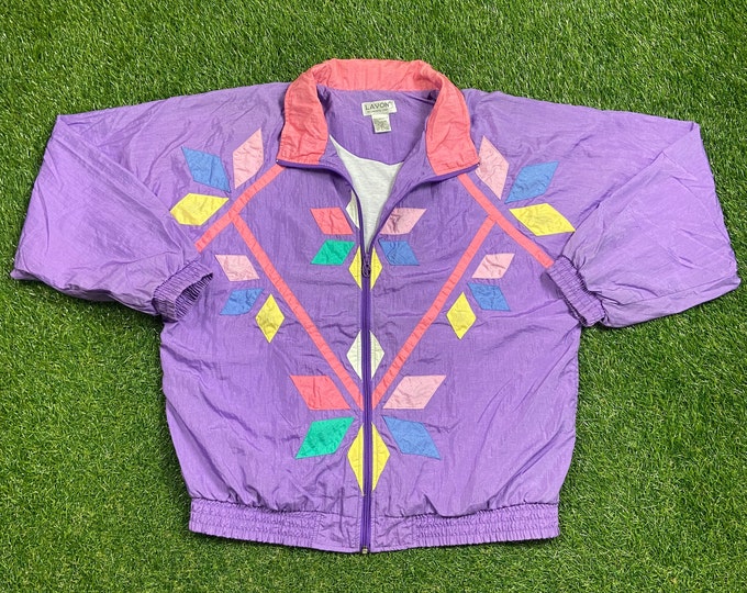 Vintage Graphic Windbreaker Zip Up Jacket Lavon Size Large L Multicolor Streetwear Sport Active Wear Classic Light Rain Coat 1990s