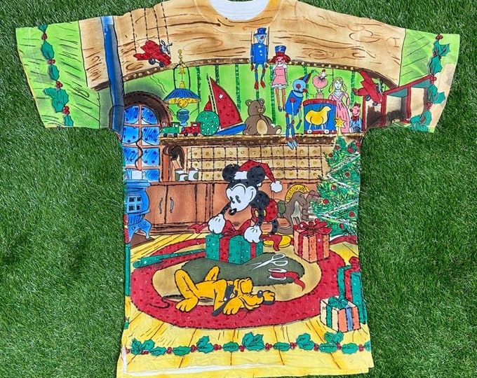 Vintage Mickey Mouse House Christmas T Shirt Tacky Holiday Party Very Merry Santa Classic Walt Disney World Large 80s Xmas 1980s JouJou Jou