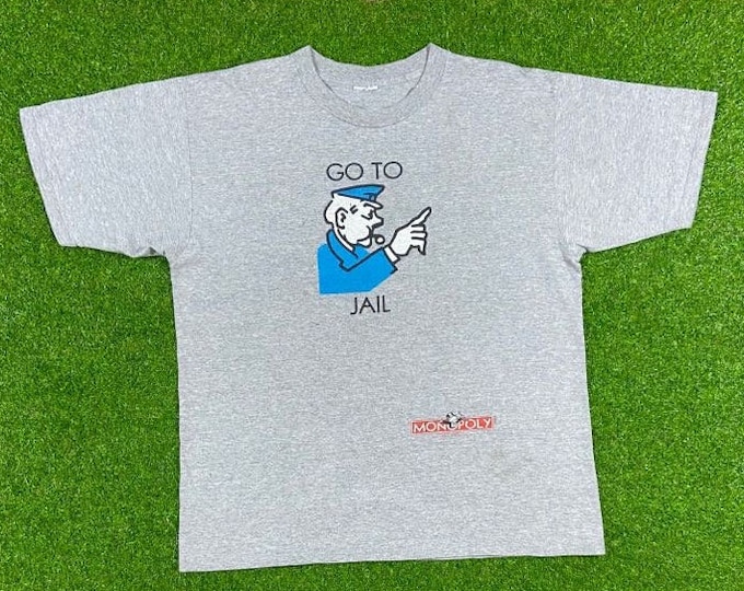Vintage Monopoly Go to Jail Graphic Tee T Shirt Size Xtra Large XL Classic Board Game Money 1980s 80s 1990s 90s Stanley Desantis Promo