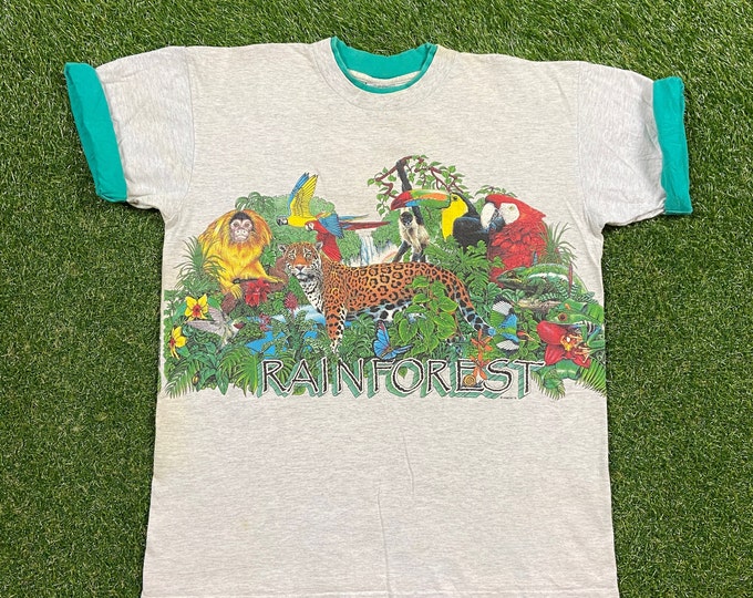 Vintage Rainforest Cafe T Shirt Tee Oneita Made USA Size Xtra Large XL Habitat Planet Earth Animals 1990s 90s