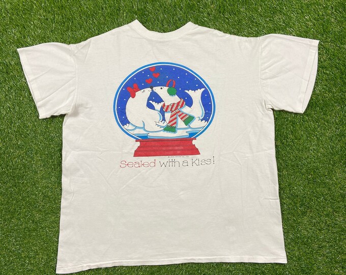 Vintage Sealed with a Kiss 1994 T Shirt Tee Joyce Designs Milaca Made USA Size XXL 2XL Seals Christmas Spirit Happy Holidays 1990s 90s