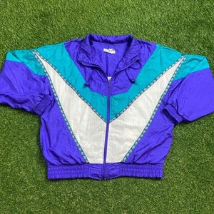 Vintage Graphic Windbreaker Zip Up Jacket Sunterra Size Large L Multicolor Streetwear Sport Active Wear Classic Light Rain Coat 1990s