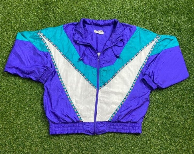 Vintage Graphic Windbreaker Zip Up Jacket Sunterra Size Large L Multicolor Streetwear Sport Active Wear Classic Light Rain Coat 1990s