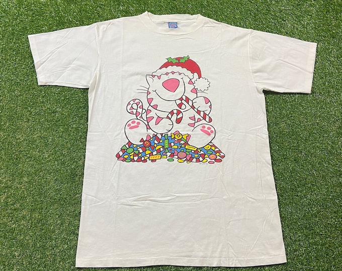 Vintage Christmas Cat T Shirt Tee Made USA Size XXL 2XL Classic Cartoon Animation Happy Holiday Merry Xmas Classic Santa Claus 1980s 80s