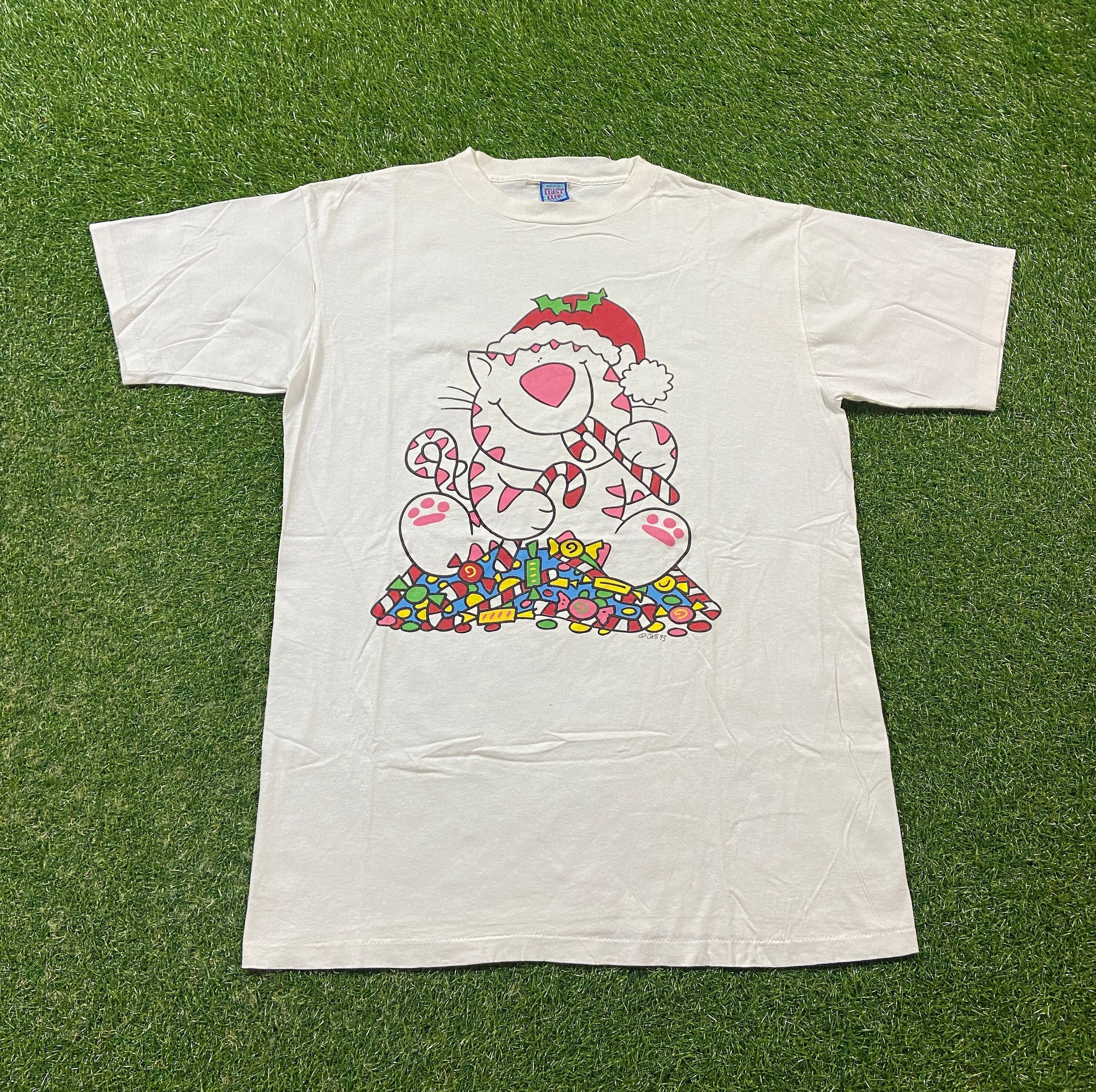 Vintage Christmas Cat T Shirt Tee Made USA Size XXL 2XL Classic Cartoon Animation Happy Holiday Merry Xmas Classic Santa Claus 1980s 80s