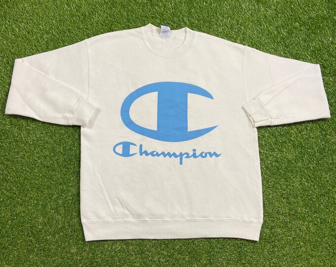 Vintage Plain White Champion Crewneck Sweatshirt Size Large L Quality 1990s Made USA Oversized Comfy Great Fit Original 90s Pull Over