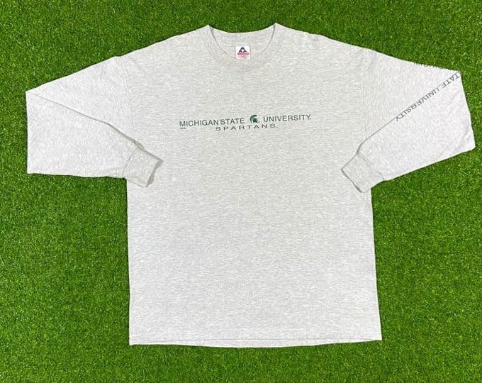 Vintage University of Michigan State Spartans Long Sleeve T Shirt Tee Spell Out on Sleeve NCAA Basketball Xtra Large XL Detroit 1990s 90s