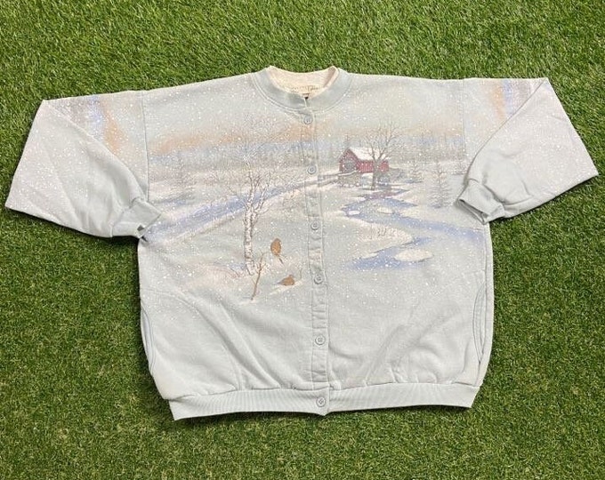 Vintage Winter Time Crewneck Sweatshirt Made USA Size Xtra Large XL Cabin Deer Snow Forest Seasons 1990s 90s Button Up Oversized