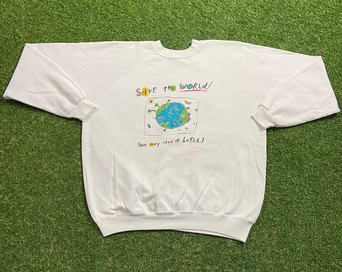 Vintage Save the World Crewneck Sweatshirt Made USA Size Xtra Large XL Mother Nature Earth Day Green Planet Environment Eco Friendly 1990s