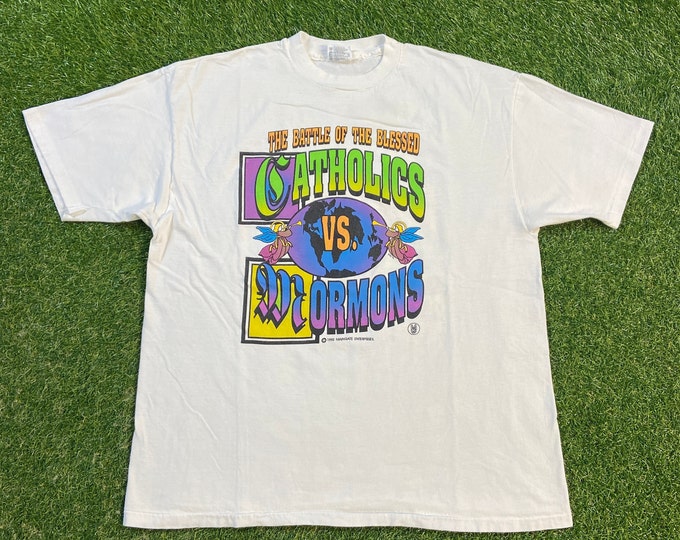 Vintage Battle of the Blessed T Shirt Tee Made USA Xtra Large XL Catholics vs Mormons Judgment Day 1990s 90s Notre Dame vs BYU Irish Cougars