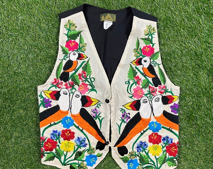 Vintage Toucan Vest Dos Mundos Size Large L Tropical Palm Trees Beach Birds Habitat Stitched by Hand Hand Made Handmade