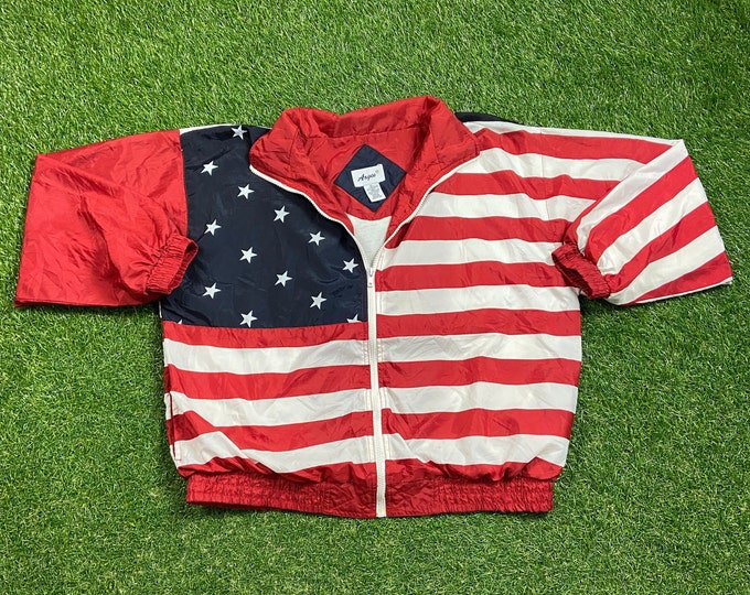 Vintage Graphic Windbreaker Zip Up Jacket USA Flag Size Xtra Large XL Multicolor Streetwear Sport Active Wear Classic Light Rain Coat 1990s