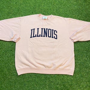以下が含まれることがあります： 胸に「ILLINOIS」の文字が紺色のブロック体でプリントされた、薄いピンク色のスウェットシャツ。スウェットシャツは長袖で、クルーネックです。柔らかい素材で作られています。