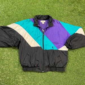 Vintage Graphic Windbreaker Zip Up Jacket Bill Blass Size Large L Multicolor Streetwear Sport Active Wear Classic Light Rain Coat 1990s
