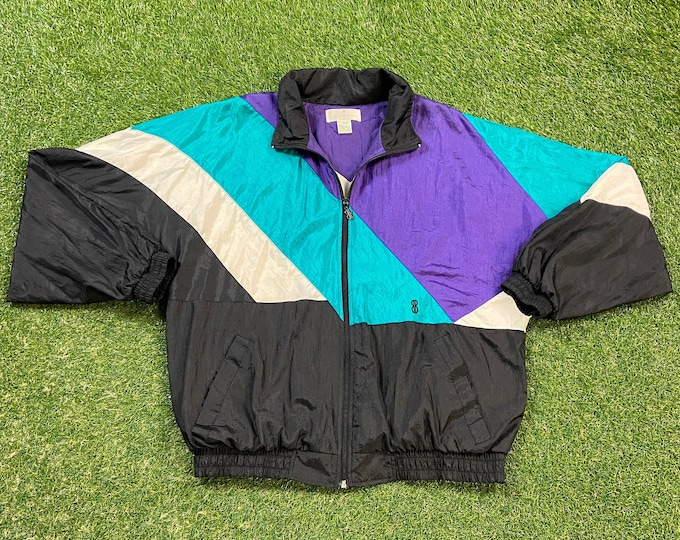 Vintage Graphic Windbreaker Zip Up Jacket Bill Blass Size Large L Multicolor Streetwear Sport Active Wear Classic Light Rain Coat 1990s