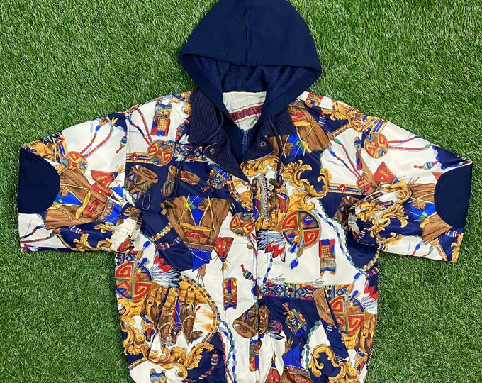 Vintage Braetan Jacket Size Small Made in Egypt Native American Indian Chief All Over Silk Hoodie Elbow Art 1990s 90s Colorful Crazy Fun