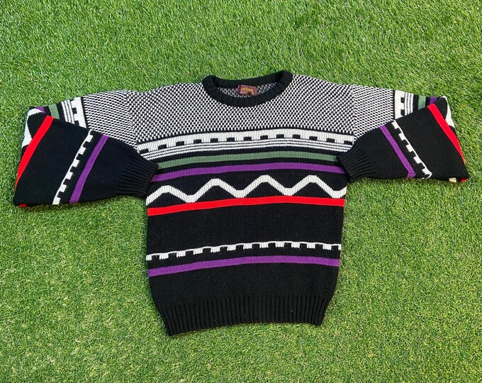 Vintage Multicolor Knitted Crewneck Sweater Atlas Made USA Size Medium M Quality Cool Pattern Warm Winter Fashion Pull Over Oversized 1990s