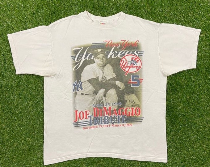 Vintage Joe Dimaggio #5 Memorial Tribute New York Yankees T Shirt Tee Fruit of the Loom Size Xtra Large XL MLB Baseball Bronx Classic