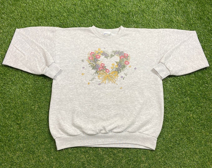 Vintage Flowers Crewneck Sweatshirt Made USA Size Large L Morning Sun Bees Caterpillars Butterflies Nature Plants 1990s Pull Over Oversized