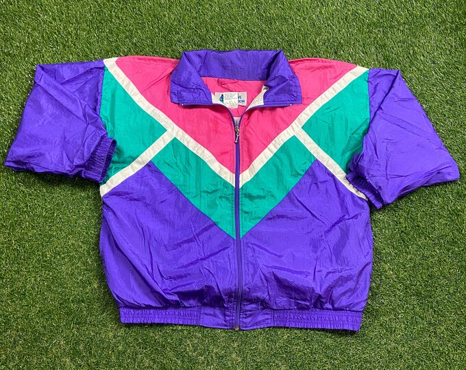 Vintage Graphic Windbreaker Zip Up Jacket Active Sensation Size XL Multicolor Streetwear Sport Active Wear Classic Light Rain Coat 1990s