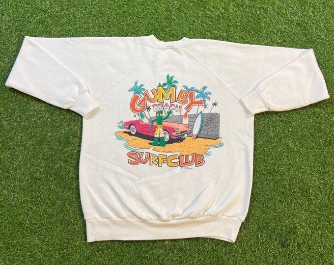 Vintage Gumby Beach Surf Club Crewneck Sweatshirt Made USA Size Medium M Classic Cartoon Graphic Original Animation Pull Over 1980s