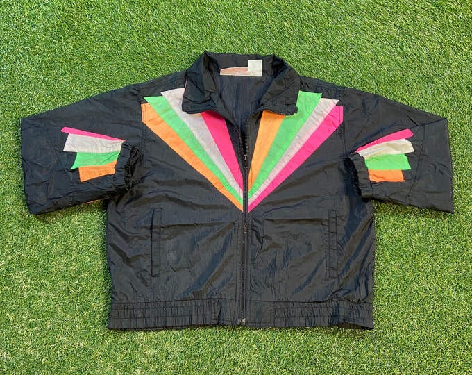 Vintage Graphic Windbreaker Zip Up Jacket Outer Stuff ll Size Small S Multicolor Streetwear Sport Active Wear Classic Light Rain Coat 1990s