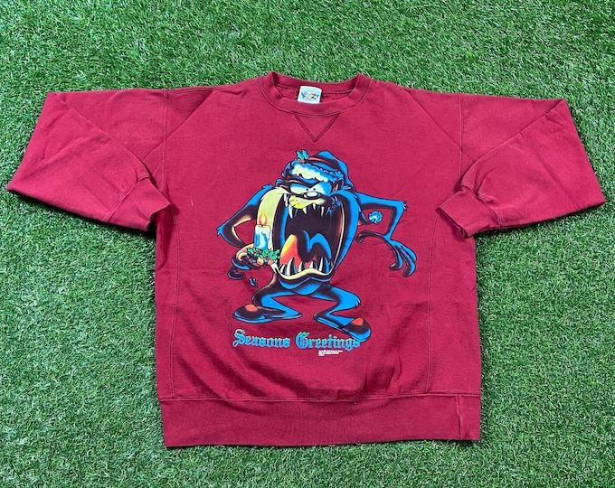 Vintage Taz Christmas Crewneck Sweatshirt Size Small S Merry XMAS Santa Claus Warner Bros Looney Tunes Classic Cartoon 1990s 90s