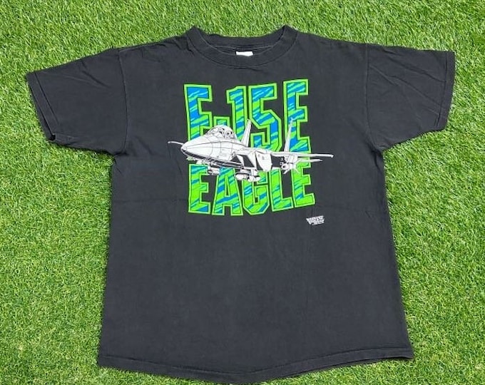 Vintage McDonnell Douglas F-15E Strike Eagle T Shirt Tee Made USA Size Large L US Navy USA Military Planes Aircraft Warfare 1980s 80s