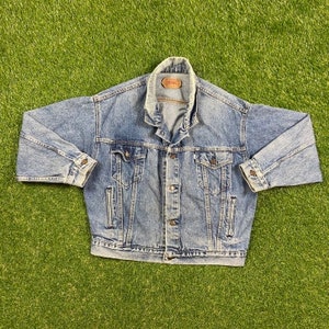 Vintage Levi&#39;s Strauss & Co Jean Jacket Size Medium M American USA Classic Blue Jean Jacket Button Down White Tab 1980s Oversized