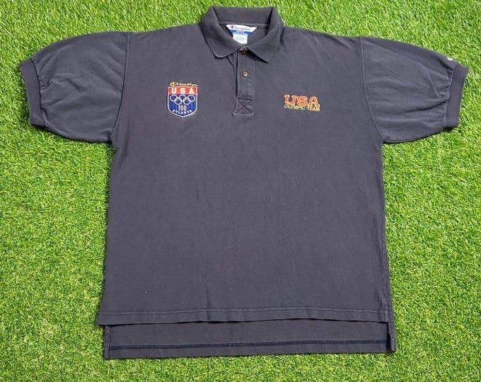 Vintage 1996 Olympics Atlanta USA Polo Shirt Champion Size Medium M Torch 1990s 90s ATL Original Georgia Classic Big Logo Dream Team