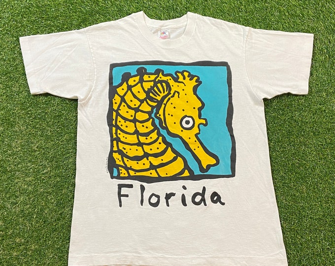 Vintage Florida T Shirt Tee Fruit of the Loom Made USA Size Large L Tropical Beach Sunshine State Miami Orlando FL 1990s 90s