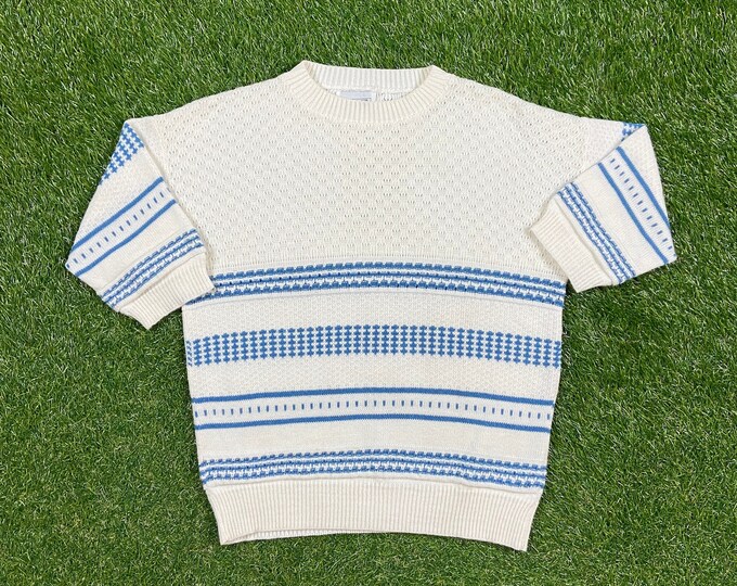 Vintage White and Blue Knit Crewneck Sweater Act III Made USA Size Large L Quality Warm Winter Fashion Pull Over 1980s 80s