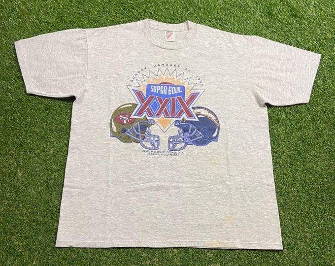 Vintage San Francisco 49ers vs Sand Diego Chargers Super Bowl XXlX 1995 T Shirt Tee Made USA Size Xtra Large XL NFL Football California 90s