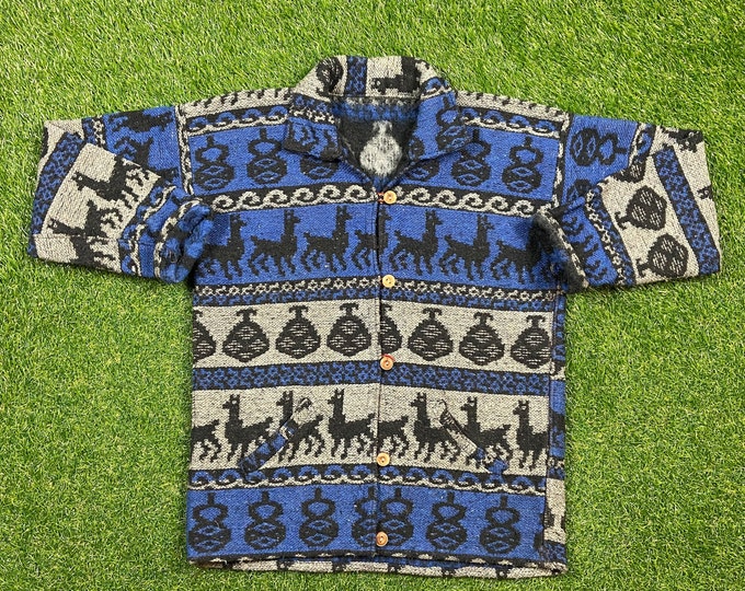 Vintage Blue Llama Jacket Size Medium M Comfy Warm Outdoor Wear 1980s 80s Fleece