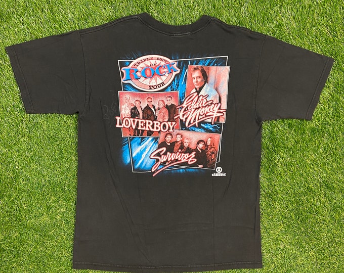 Vintage Triple Shot of Rock Tour T Shirt Rock Band Tee Size Large Loverboy Eddie Money Survivor 1980s 80s Hard Rock Classic Tour Concert