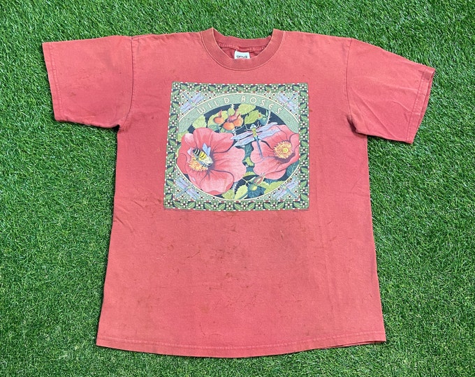 Vintage Wild Roses T Shirt Tee Size Large L Natural Sunflower Seeds Flowers Morning Sun Bees Caterpillars Butterflies Nature Plants 1990s