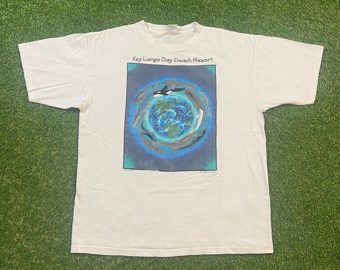 Vintage Key Largo Bay Beach T Shirt Tee Fabric Art Made USA Size Xtra Large XL Tropical Florida Beach 1990s 90s Tourist Save the Earth