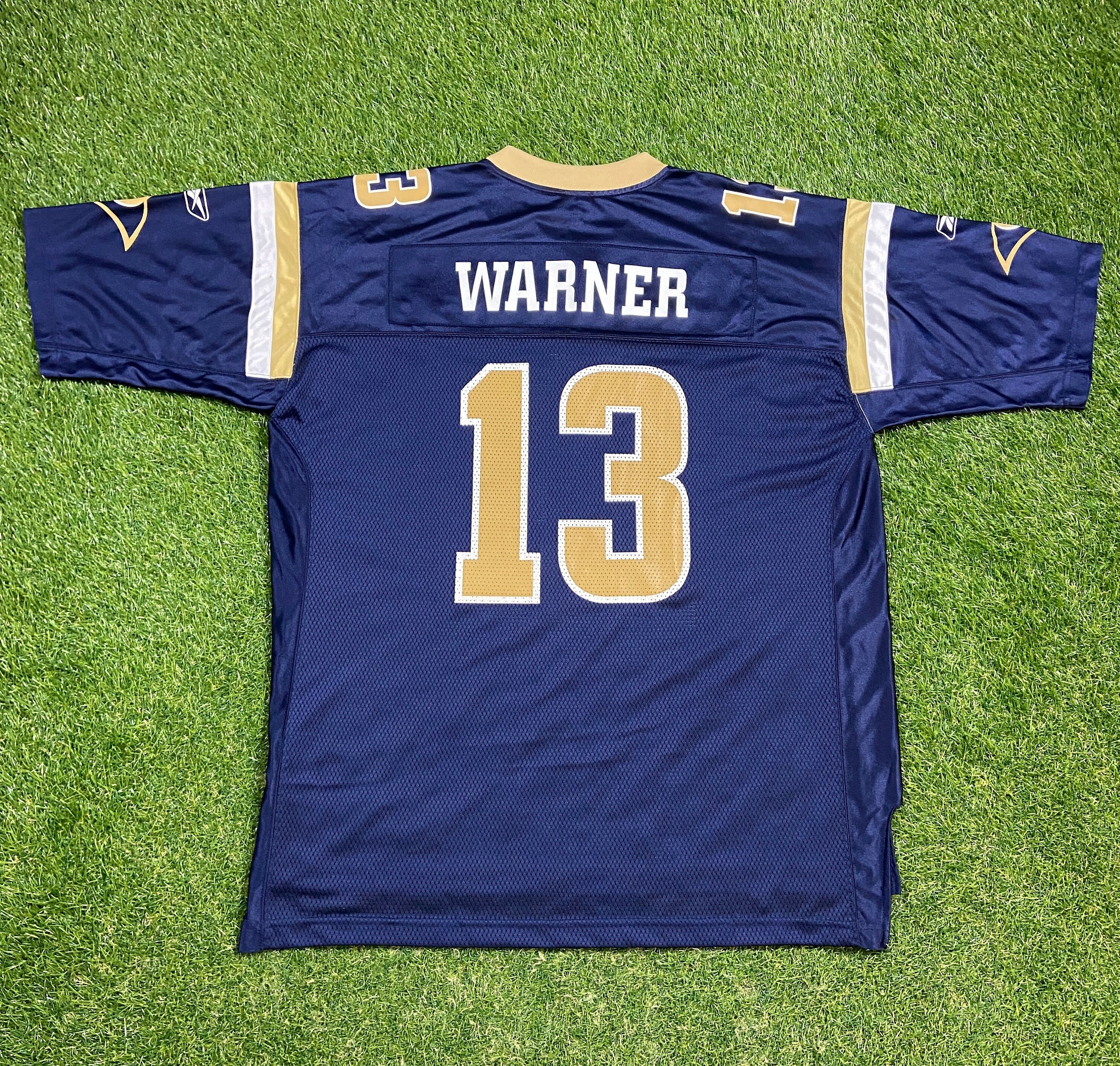 Vtg Logo Athletics NFL St. Louis Rams Kurt Warner #13 Blue Gold Jersey