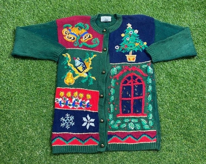 Ugly Christmas Crewneck Sweater Vintage Tacky Holiday Party Merry Santa Claus Classic Holidays Size Medium Xmas Classic Knit Tree Ornaments