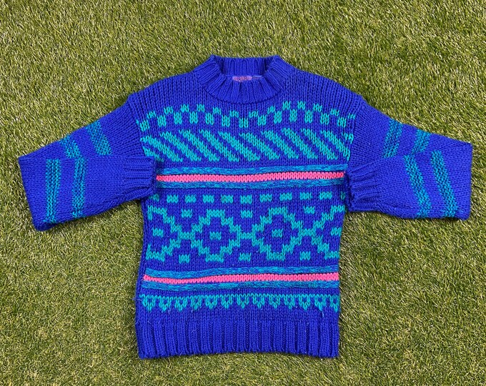 Vintage Blue Knitted Crewneck Sweater Extra Sportswear Size Xtra Small XS Quality Warm Winter Fashion Pull Over Oversized 1980s 80s
