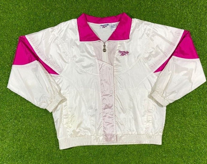 Vintage Reebok Windbreaker Jacket Zip Up Jacket Sportswear Xtra Large Athletic Wear Classic 90's 1990s Light Rain Jacket Coat XL White Pink
