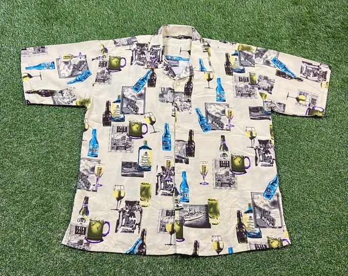 Vintage Gordons London Dry Gin Button Down Shirt Size XXL 2XL Drink Alcohol Party Night Life Classic Liquor 1990s 90s