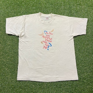 Pode incluir: Camiseta branca com um gráfico colorido que diz "Can you get amazing taste with no fat?"