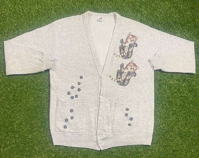 Vintage Kittens Cardigan Sweater Made USA Size Xtra Large XL Classic Cat Animal Graphic Pets Funny 1990s 90s